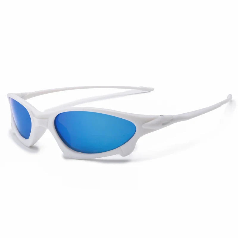 White wraparound Sports Polarized Sunglasses with reflective blue lenses, featuring UV400 Protection, a sleek, sporty design, and thin arms, displayed on a plain white background.