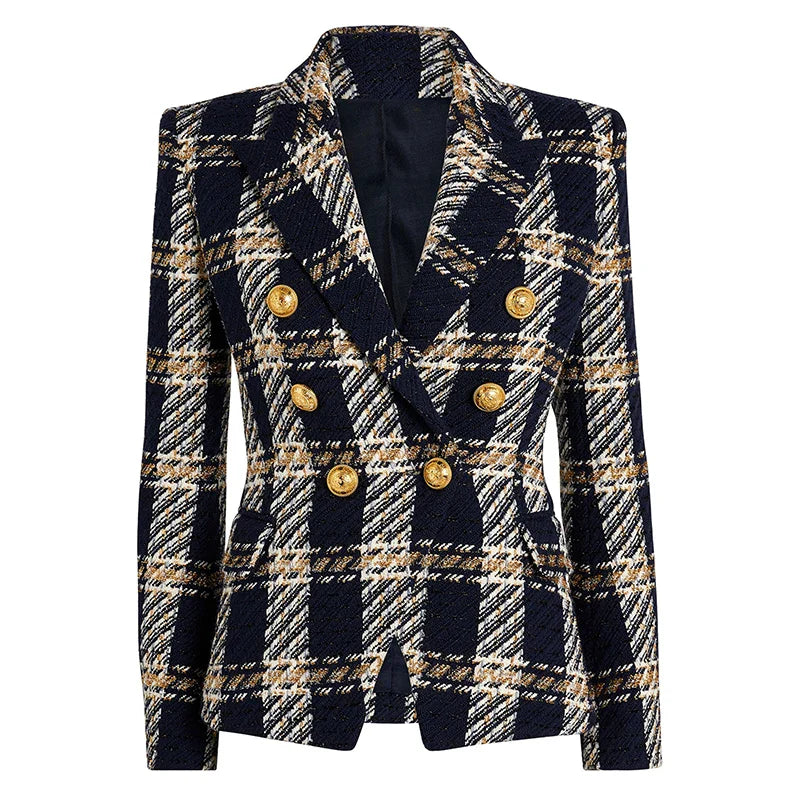 A tailored, double-breasted designer jacket in a slim fit, crafted from plaid wool tweed with navy, white, and tan tones. Features wide lapels and six gold buttons on the front.