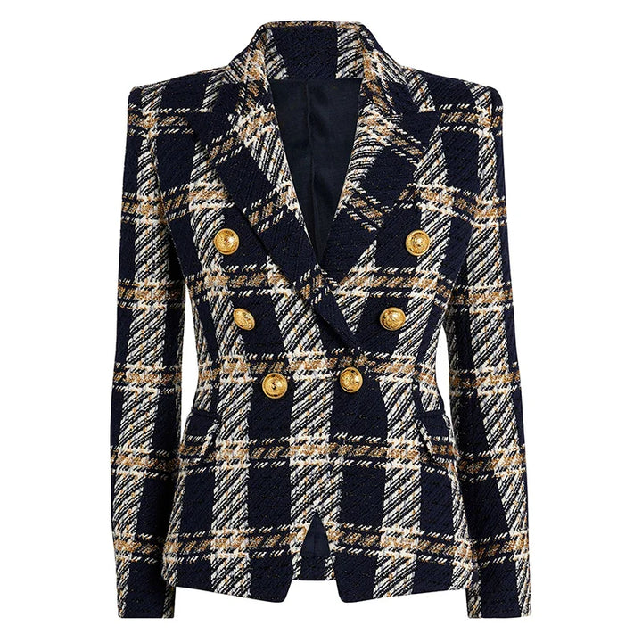 A tailored, double-breasted designer jacket in a slim fit, crafted from plaid wool tweed with navy, white, and tan tones. Features wide lapels and six gold buttons on the front.