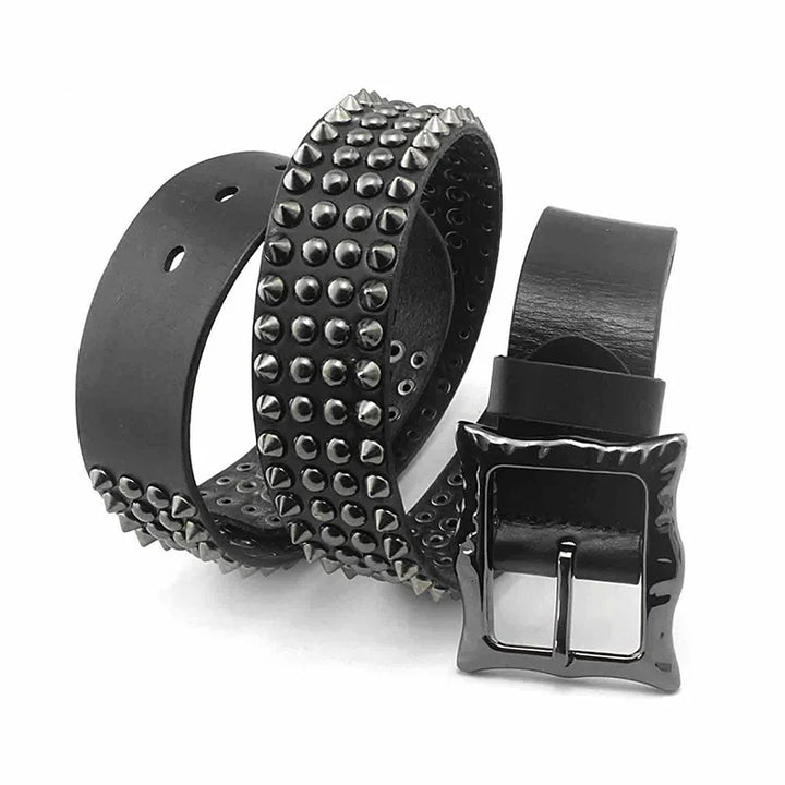 A black leather belt with studded detailing and a shiny, adjustable square-shaped silver buckle, displayed coiled on a white background.