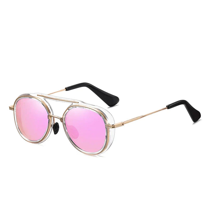 A pair of high-end aviator sunglasses with light gold frames, clear rims, black ear pieces, and pink-tinted lenses, positioned against a white background.