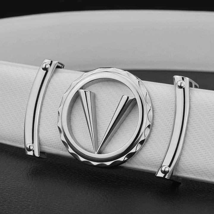 A close-up of a white full-grain leather belt with a silver buckle featuring a raised, stylized V inside a circular frame and two decorative bars on each side for an adjustable fit.