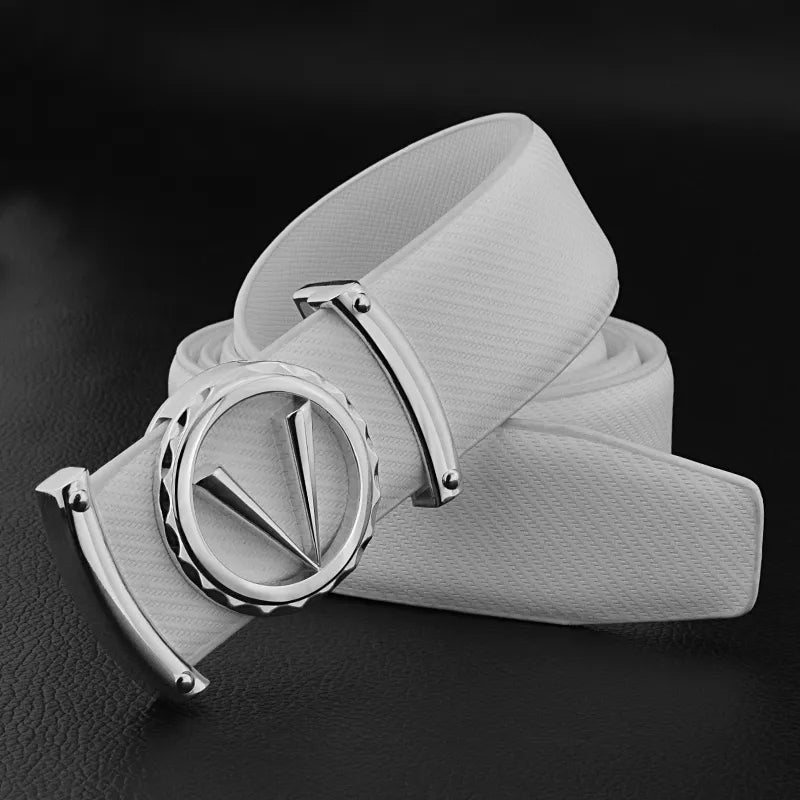 A white full-grain leather belt with a textured finish, featuring a round, silver buckle with a raised V design and adjustable fit, displayed against a black background.