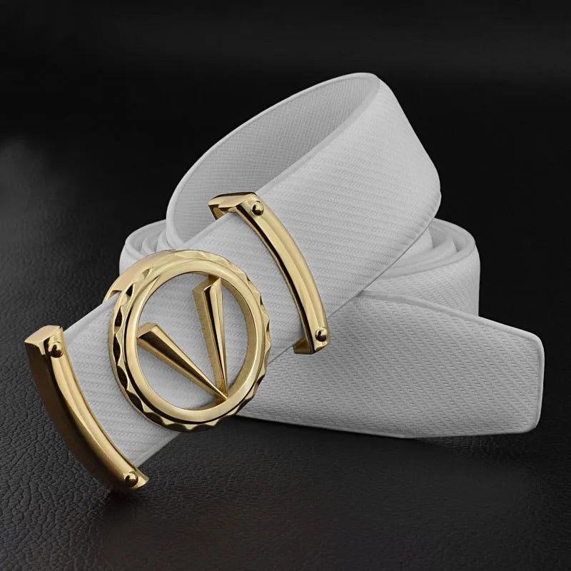 A white textured full-grain leather belt with a large, round gold buckle featuring a stylized V design, displayed on a black surface.