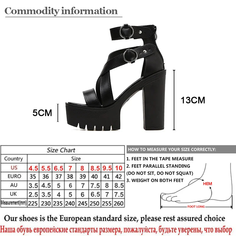 Black open toe high heel sandals with two ankle straps and a chunky 13 cm heel plus a 5 cm platform. Includes size chart, measuring guide, and details in English and Russian—perfect platform women sandals for any occasion.