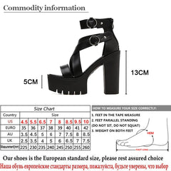 Black open toe high heel sandals with two ankle straps and a chunky 13 cm heel plus a 5 cm platform. Includes size chart, measuring guide, and details in English and Russian—perfect platform women sandals for any occasion.
