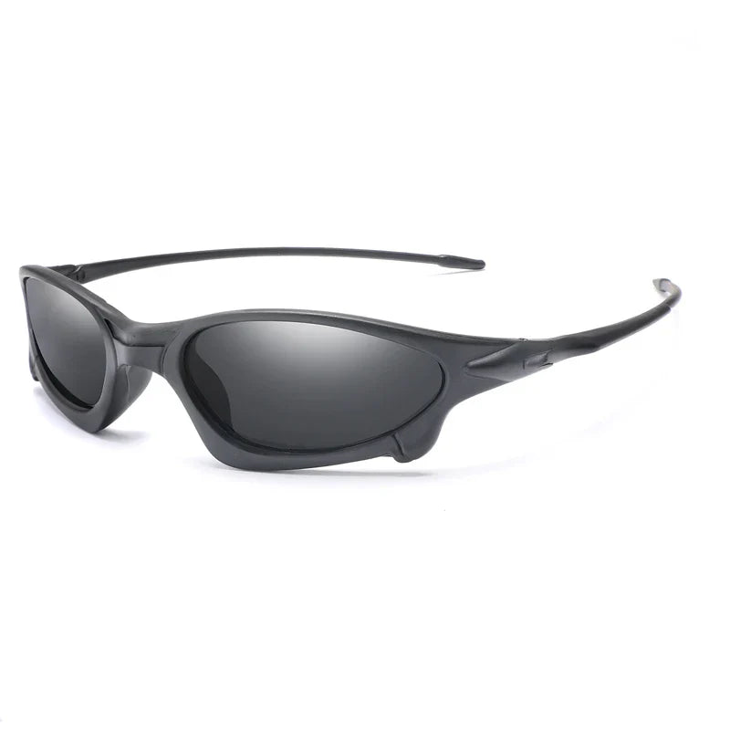 Sleek, black wraparound Sports Polarized Sunglasses with dark tinted lenses, featuring a sporty, aerodynamic frame design and thin arms for comfort and UV400 Protection.