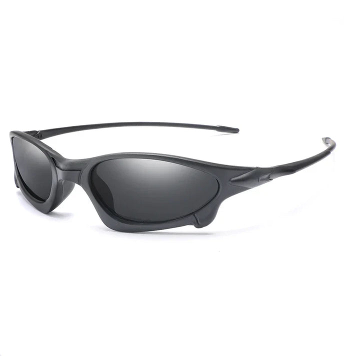 Sleek, black wraparound Sports Polarized Sunglasses with dark tinted lenses, featuring a sporty, aerodynamic frame design and thin arms for comfort and UV400 Protection.