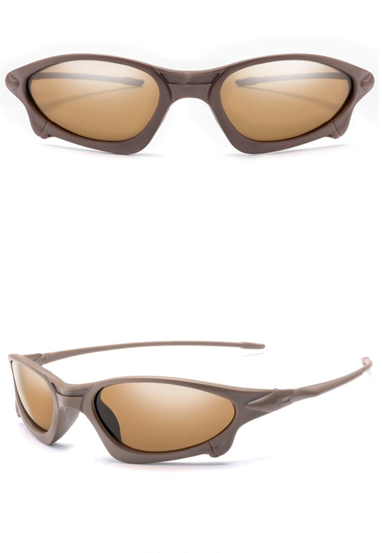 Brown, angular wraparound Sports Polarized Sunglasses with amber-tinted lenses shown from the front and at an angle, highlighting their sleek, sporty frame, curved design, and UV400 Protection.