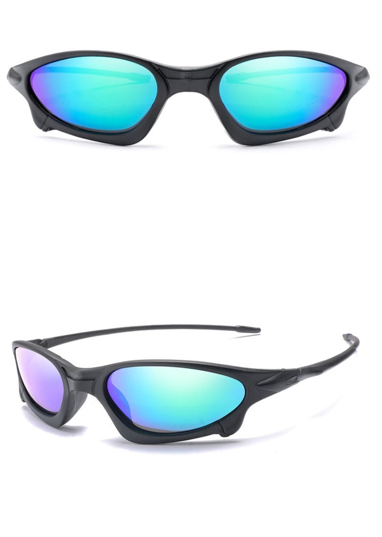 Black Sports Polarized Sunglasses with mirrored blue-green lenses, featuring UV400 Protection, are shown from the front and side angles against a white background.
