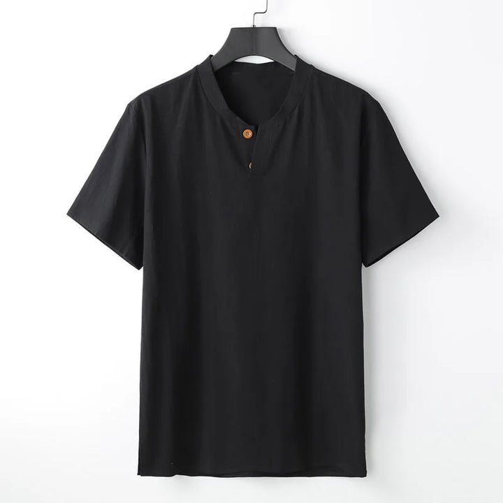 A plain black lightweight summer shirt with short sleeves, a round collar, and two brown buttons at the neckline, displayed on a hanger against a white background.