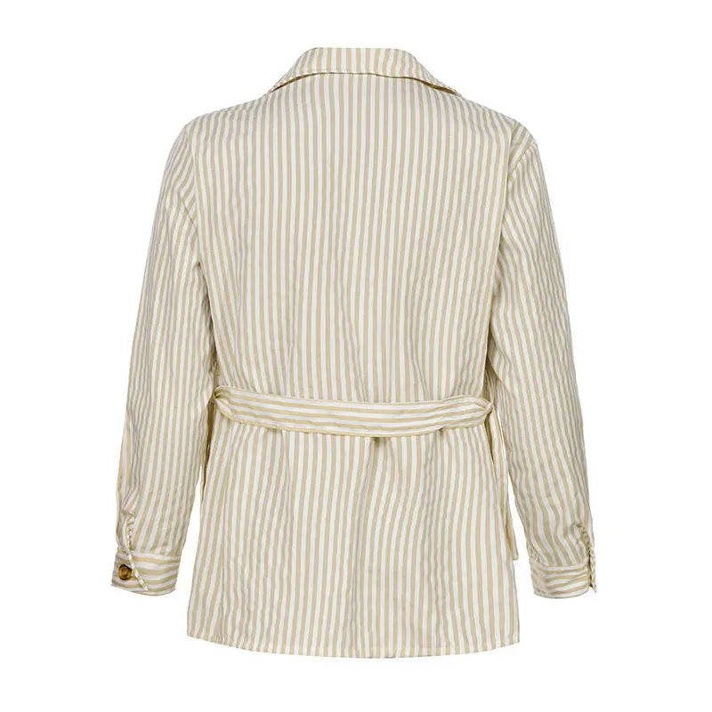Back view of a beige and white vertically striped jacket in a tailored fit, crafted from a premium cotton blend, featuring an adjustable belt at the waist and buttoned cuffs.