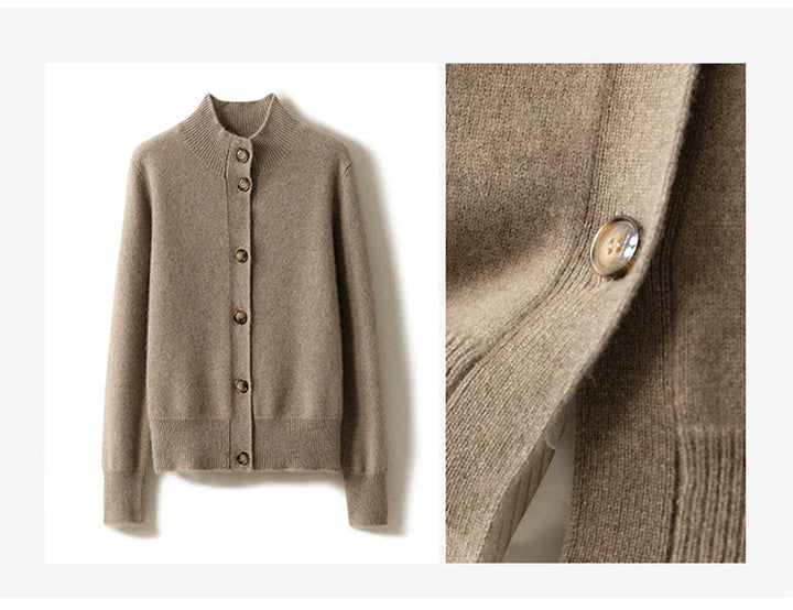 A taupe-colored, long-sleeve cashmere cardigan with brown buttons is shown. The left side displays the full front view, while the right side offers a close-up of the ultra soft knit texture and button detail.