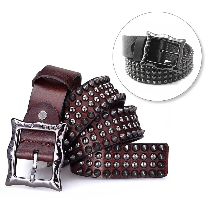 A brown leather belt with studded detailing and a shiny, square-shaped silver buckle. An inset image shows a close-up of a similar studded belt in black, both featuring durable leather construction.