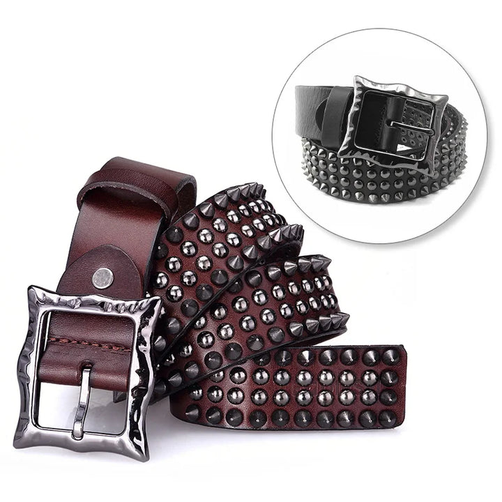 A brown leather belt with studded detailing and a shiny, square-shaped silver buckle. An inset image shows a close-up of a similar studded belt in black, both featuring durable leather construction.