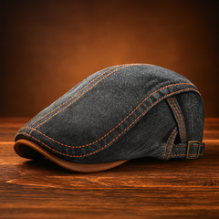 A dark flat cap made from premium denim with orange stitching and a small metal buckle detail sits on a wooden surface against a warm brown background.