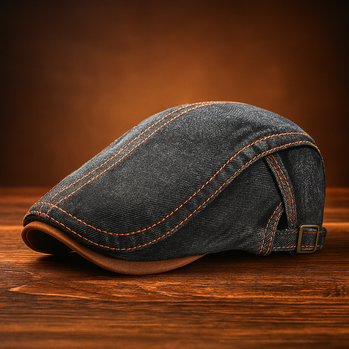 A dark flat cap made from premium denim with orange stitching and a small metal buckle detail sits on a wooden surface against a warm brown background.
