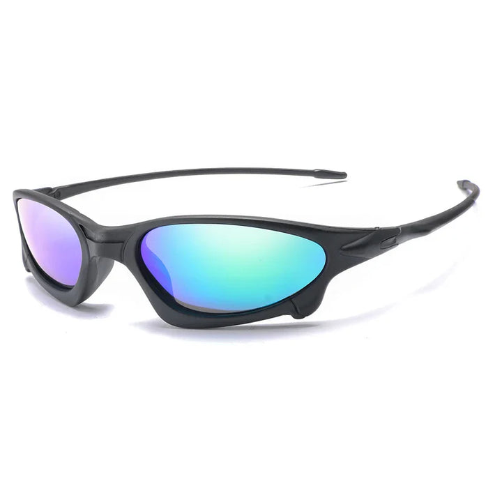 A pair of black Sports Polarized Sunglasses with mirrored, blue-green lenses and UV400 Protection, shown on a white background.