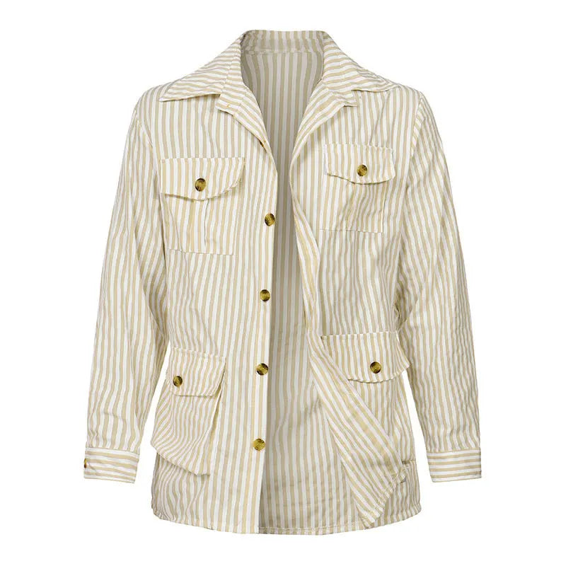 A beige and white vertically striped jacket with long sleeves, a collar, four front flap pockets, gold buttons down the front and on the pockets, crafted from a premium cotton blend for comfort and style.
