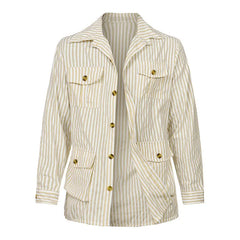 A beige and white vertically striped jacket with long sleeves, a collar, four front flap pockets, gold buttons down the front and on the pockets, crafted from a premium cotton blend for comfort and style.