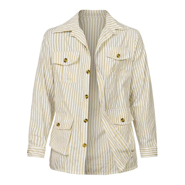 A beige and white vertically striped jacket with long sleeves, a collar, four front flap pockets, gold buttons down the front and on the pockets, crafted from a premium cotton blend for comfort and style.