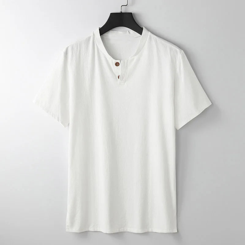 A plain white lightweight summer shirt, short-sleeve henley style with a round neckline and two brown buttons, hanging on a black hanger against a light gray background.