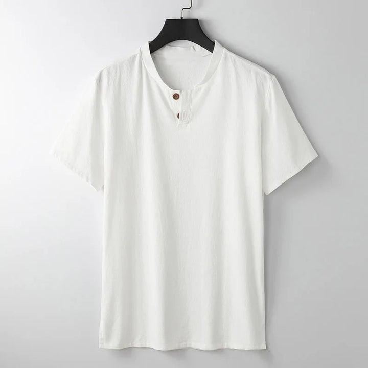 A plain white lightweight summer shirt, short-sleeve henley style with a round neckline and two brown buttons, hanging on a black hanger against a light gray background.
