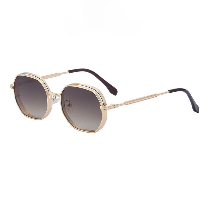 Gold-tone frames and geometric design give these vintage-inspired sunglasses a chic edge, featuring dark gradient lenses with UV400 protection and black-tipped arms, displayed on a white background.