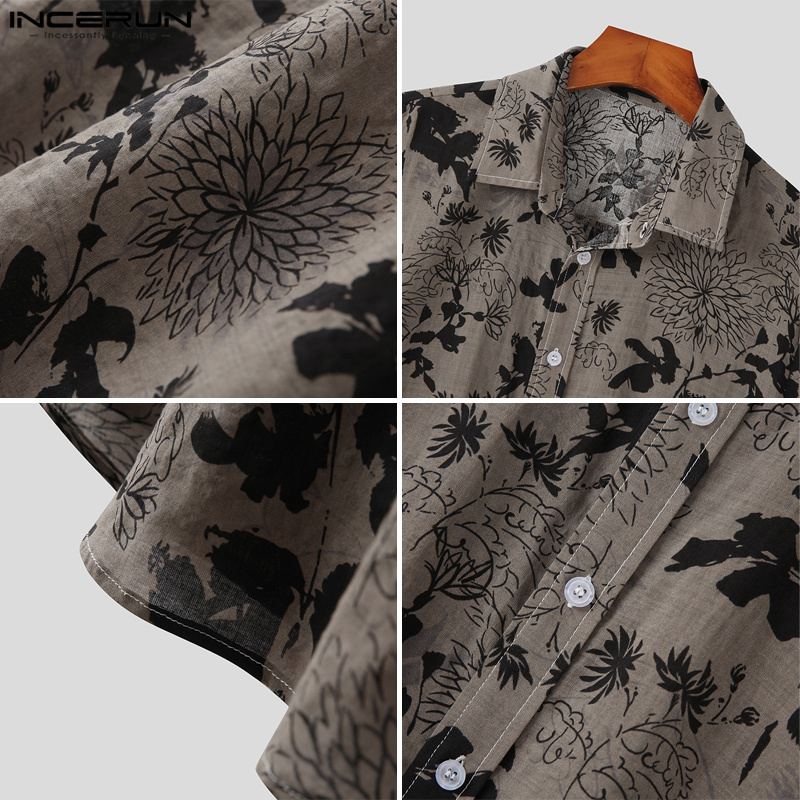 Close-up collage of a beige Mens Hawaiian Shirt with black flower prints, shown from different angles to highlight the fabric, collar, and detailed pattern. The shirt hangs on a wooden hanger, perfect for streetwear fashion enthusiasts.