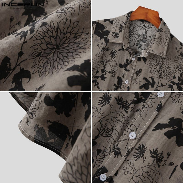 Close-up collage of a beige Mens Hawaiian Shirt with black flower prints, shown from different angles to highlight the fabric, collar, and detailed pattern. The shirt hangs on a wooden hanger, perfect for streetwear fashion enthusiasts.