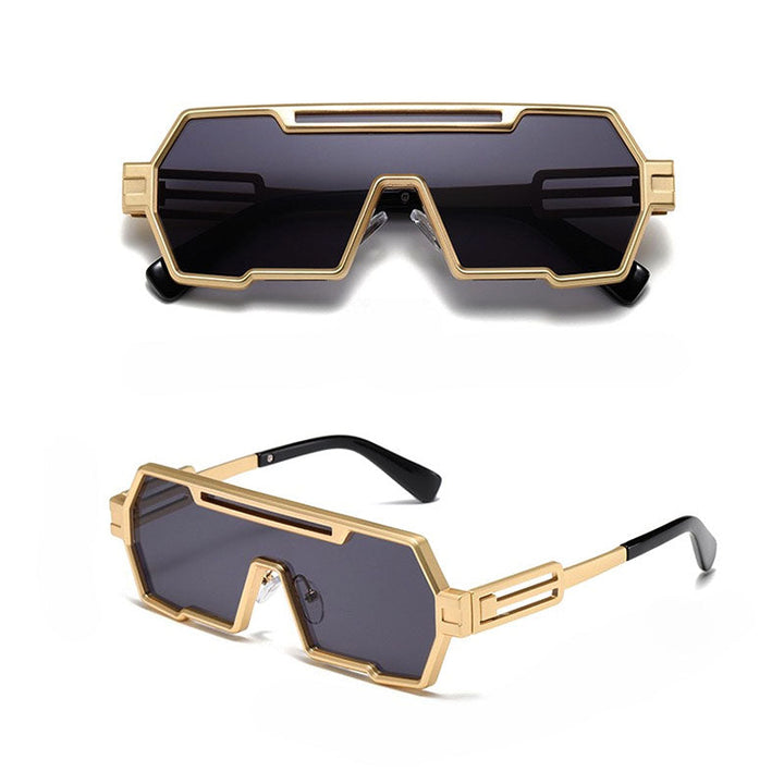 Two views of stylish Heavy Metal Sunglasses with thick, gold geometric square frames and dark rectangular lenses. The sunglasses feature a modern, angular design and black temple tips for a bold steampunk-inspired look.