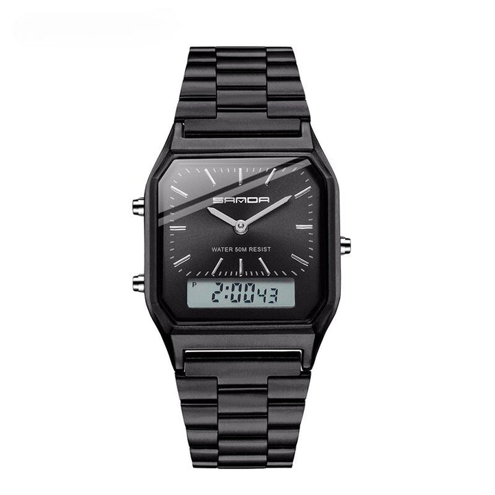 A black wristwatch with a rectangular face featuring dual display—analog time with white hour markers and hands, plus a small digital screen showing 20:04:3. The metallic linked band completes this sophisticated waterproof sports watch.