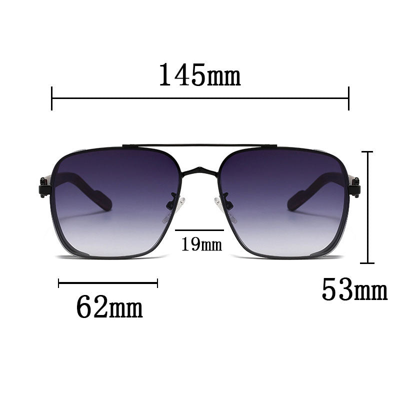 Black square-shaped vintage sunglasses with wooden arms. Measurements: frame width 145mm, lens width 62mm, lens height 53mm, and bridge width 19mm. The gradient lenses offer stylish looks and UV400 protection.