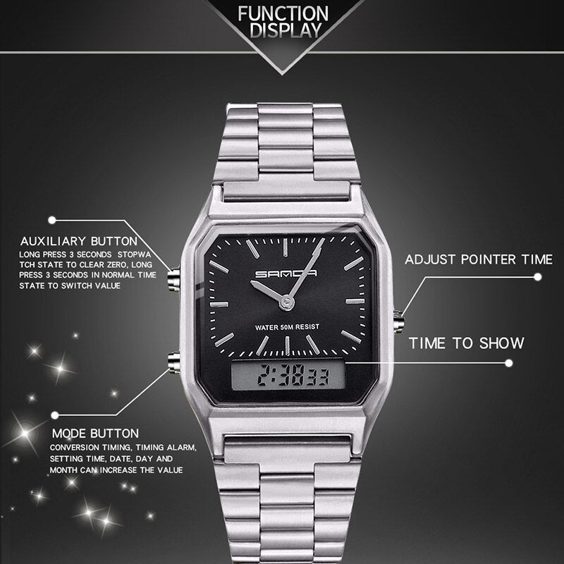 A silver dual display wristwatch is shown with labeled features: auxiliary button, mode button, adjust pointer time, and time to show. The black watch face has analog hands and a small digital display—a stylish waterproof sports watch.