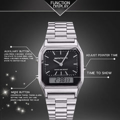 A silver dual display wristwatch is shown with labeled features: auxiliary button, mode button, adjust pointer time, and time to show. The black watch face has analog hands and a small digital display—a stylish waterproof sports watch.