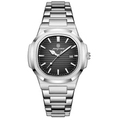 A stainless steel wristwatch with a black textured dial, silver hour markers and hands, quartz movement, a date window at 3 o’clock, and a linked metal bracelet. The Pagani brand name is visible below 12 o’clock.