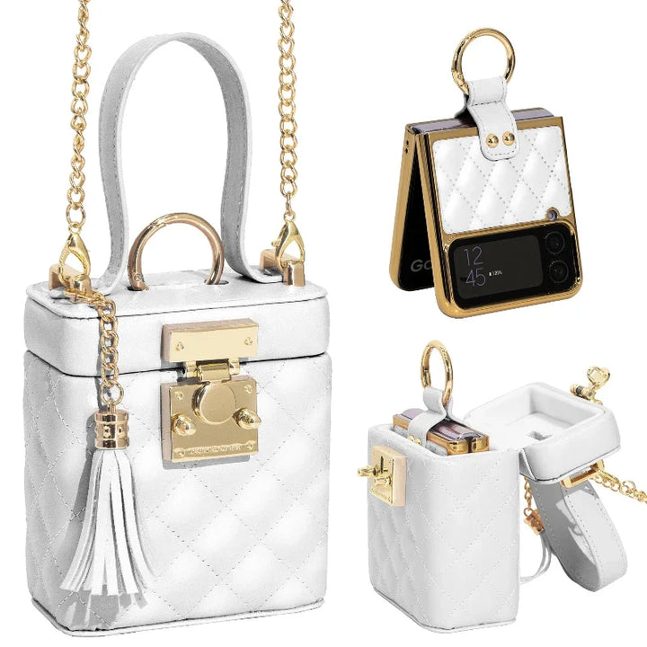 A white quilted handbag with gold hardware, a chain crossbody strap, and shown from various angles. The bag opens at the top to reveal a compartment holding a folded smartphone or slim leather phone case.