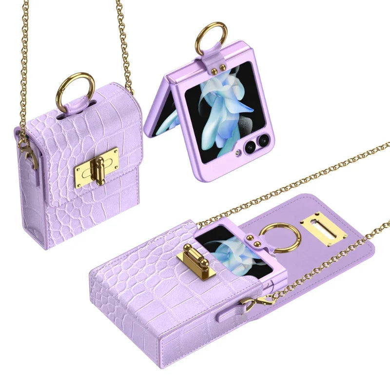 A lavender leather phone case, purse-shaped with a gold chain and clasp, features a built-in ring holder. Shown closed and open, it doubles as a chic accessory while displaying a blue and white flower on the smartphone screen.