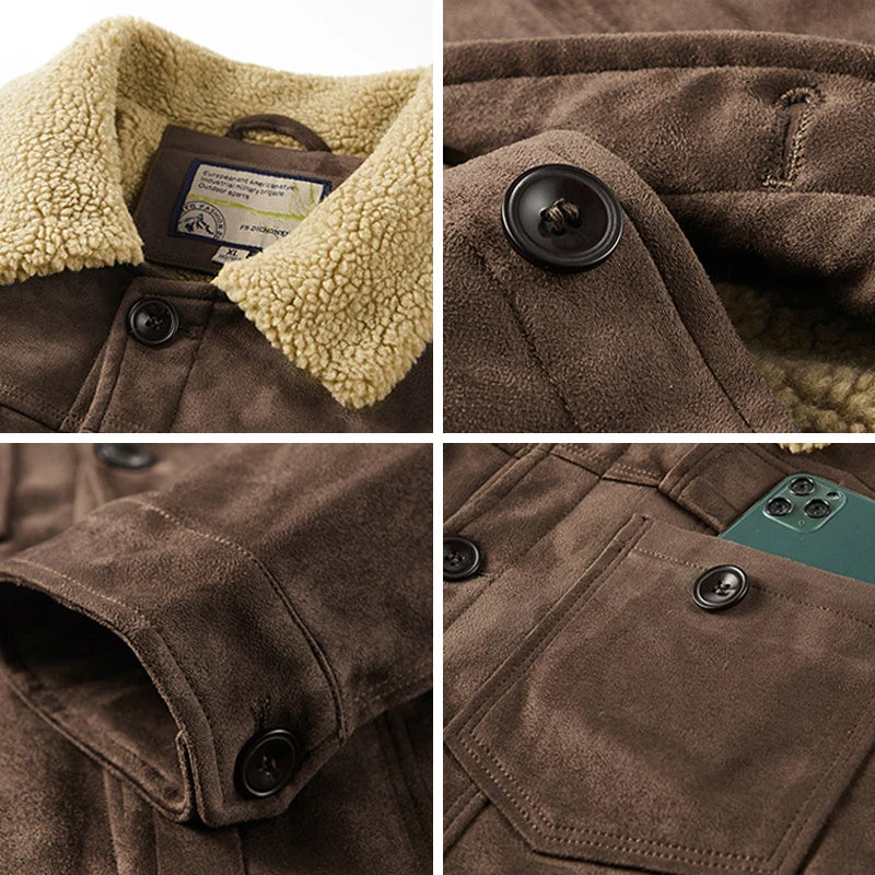 Four close-up images of a brown suede jacket with a beige Sherpa lining collar, black buttons, a label, and a smartphone partially tucked into one of the multiple secure pockets.