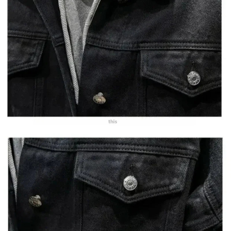 Close-up of a premium denim black jacket with silver buttons, focusing on the chest pockets and button-down details. A gray hoodie is partially visible underneath, adding to the relaxed silhouette.