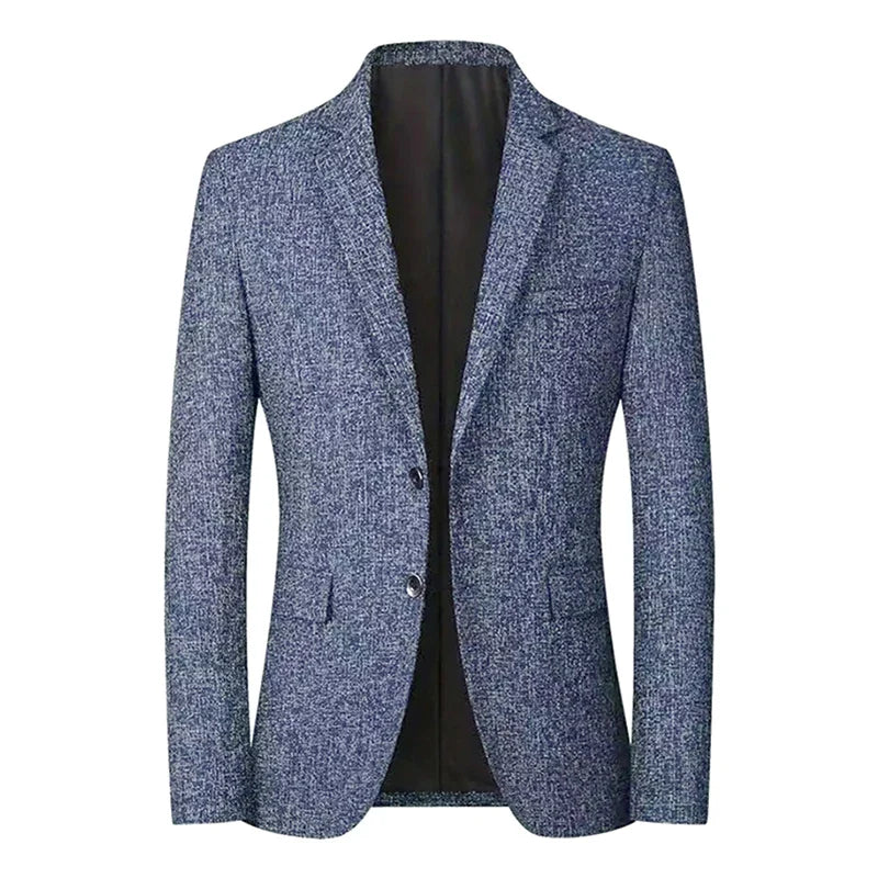 A blue textured blazer in a tapered fit with a notched lapel, two front buttons, and two side pockets. The timeless style is displayed on a white background with the front slightly open to reveal a dark inner lining.