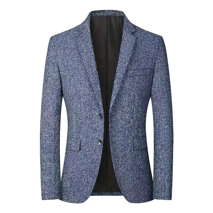 A blue textured blazer in a tapered fit with a notched lapel, two front buttons, and two side pockets. The timeless style is displayed on a white background with the front slightly open to reveal a dark inner lining.