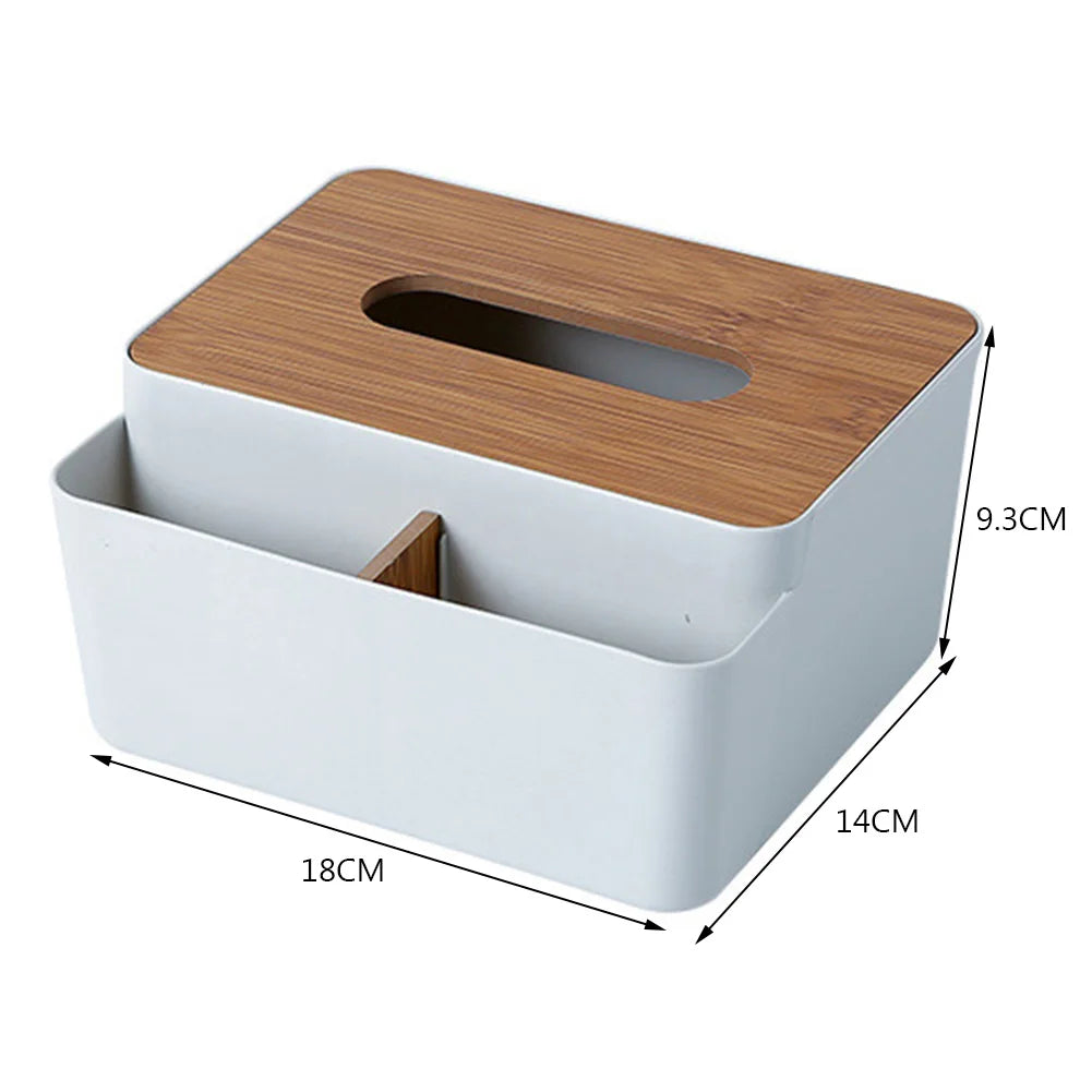 Rectangular Table Wooden Cover Tissue Box with a wooden lid and side compartment divider. Ideal as a desktop organizer, it measures 18 cm wide, 14 cm deep, and 9.3 cm high. The wooden top features an oval opening for easy tissue dispensing.