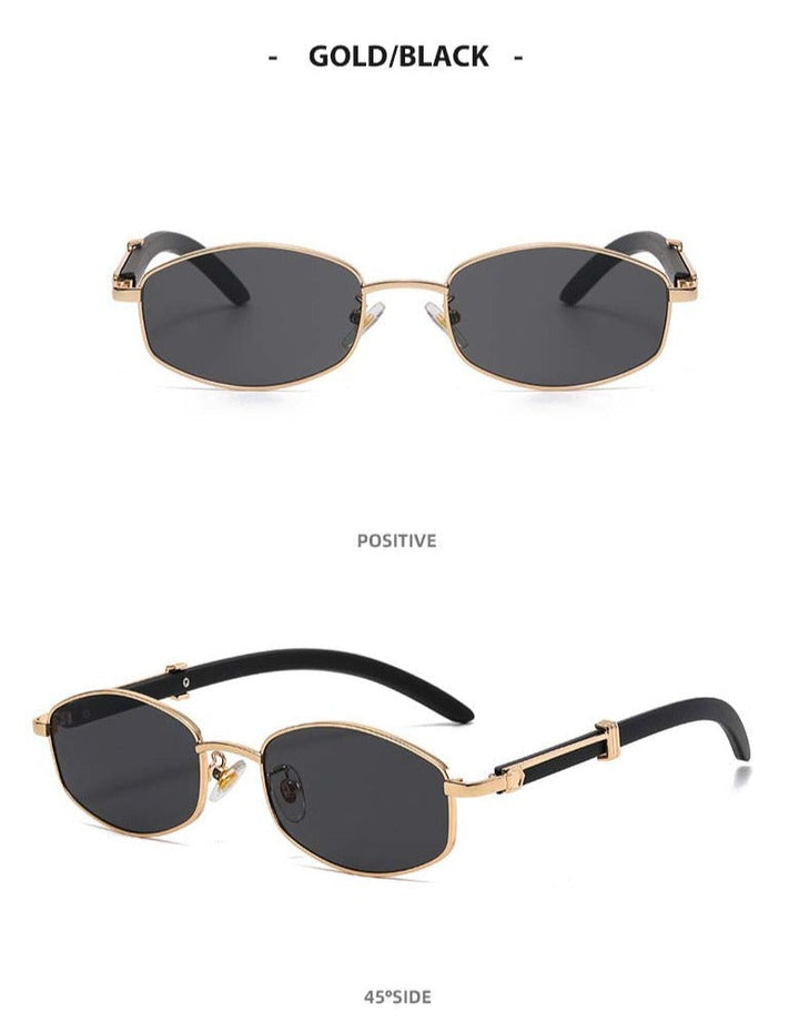 Two views of vintage-inspired sunglasses: the top image shows a front view, and the bottom reveals a 45-degree side angle, highlighting gold-tone frames and black arms—perfectly stylish with essential UV400 protection.