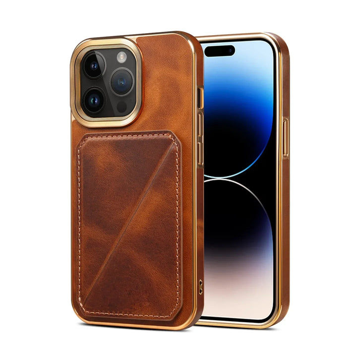 A brown leather iPhone case with a card holder pocket is shown on an iPhone with gold edges. The phone’s screen displays a blue gradient background, highlighting the elegant card holder iPhone case design.