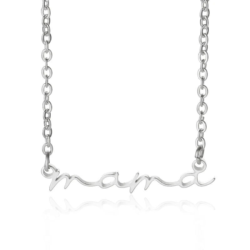A gold-plated mama necklace with a delicate chain features a pendant that spells mama in elegant cursive script, making it a perfect Mothers Day necklace.