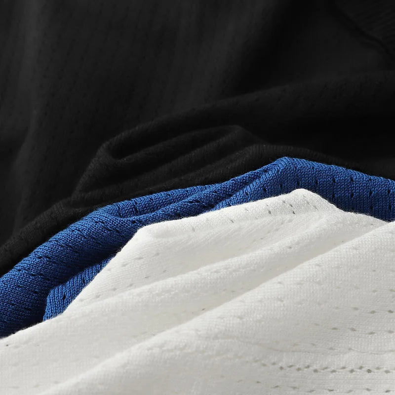 A close-up of three overlapping pieces of fabric in black, blue, and white, highlighting their texture and stitching details—perfect for a breathable T-shirt or a high-end knitted polo shirt.