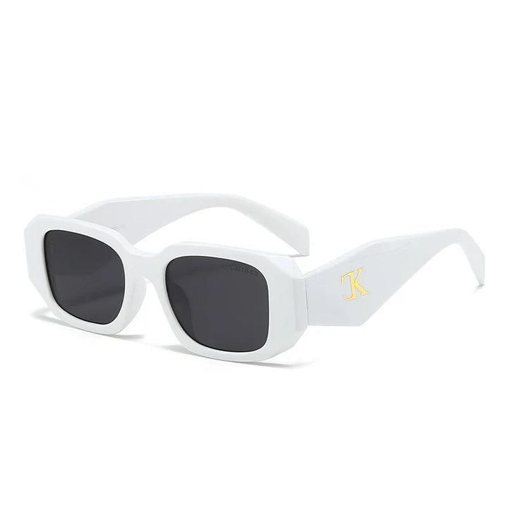 White rectangular oversized acetate sunglasses with thick frames and dark lenses. These stylish shades feature a gold K logo on the left arm, UV400 protection, and reinforced hinges for added durability.