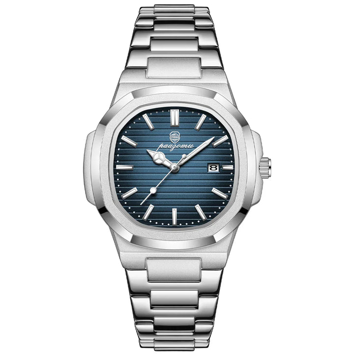A silver metal wristwatch with a blue textured dial, silver hour markers, quartz movement, date display at 3 o’clock, and a stainless steel link bracelet. Waterproof design for durability and everyday wear.