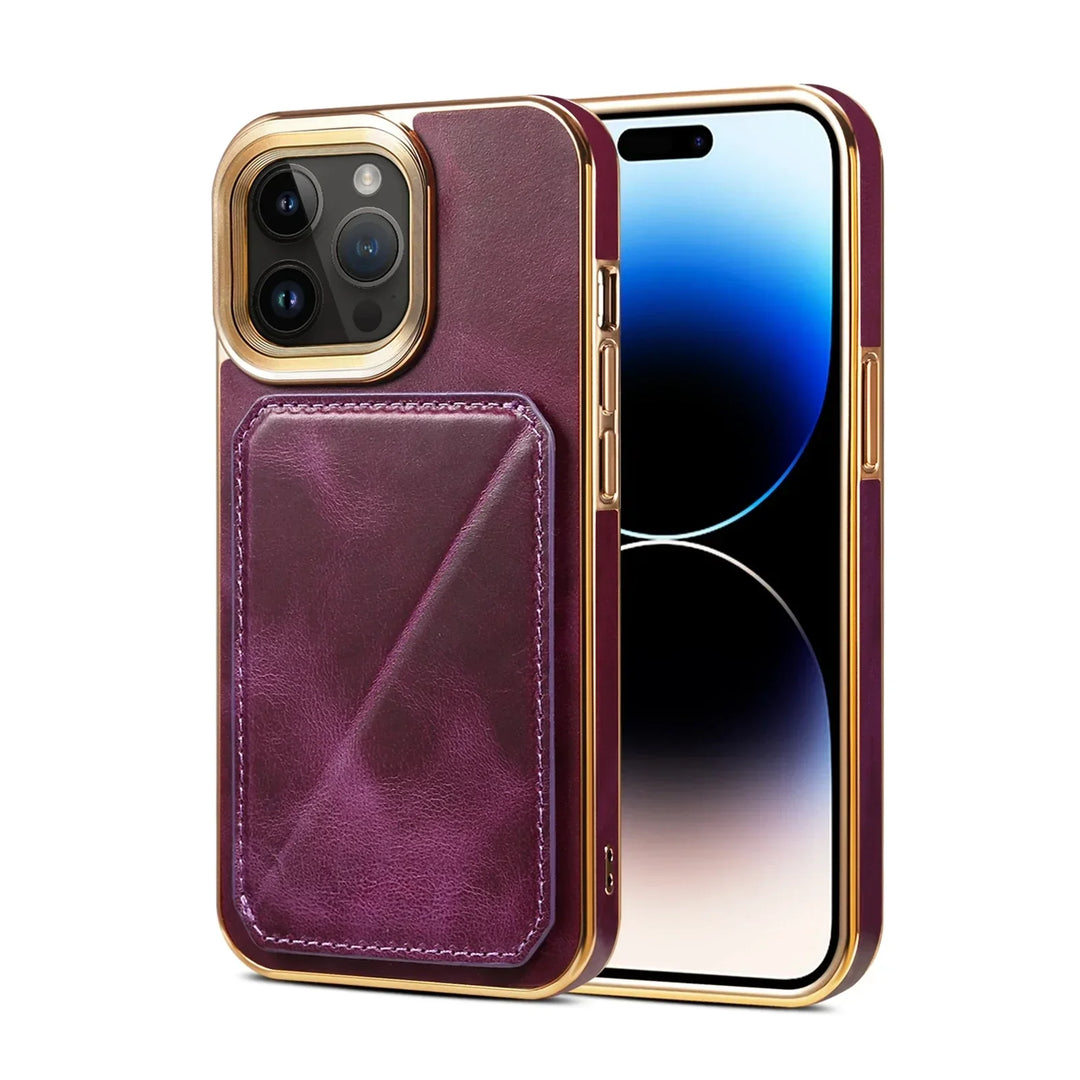 A smartphone in a gold-trimmed, purple leather iPhone case with a card holder on the back. The phone’s screen is turned on and shows a minimal abstract blue and black wallpaper.